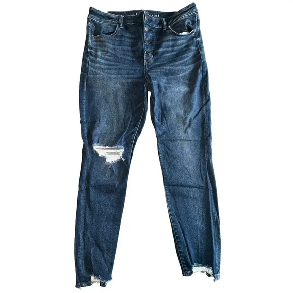 American Eagle 16R Blue Jeans Stretch Hi-Rise Jeggings Crop Raw Hem‎ Button Fly - Picture 1 of 5